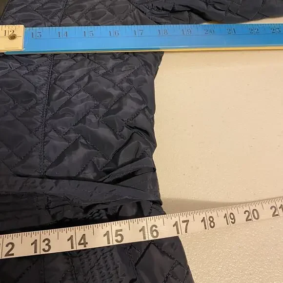 Cole Haan Signature NavyBlue Leather Trim quilted belted Coat Jacket SP Zip Snap - Picture 3 of 13